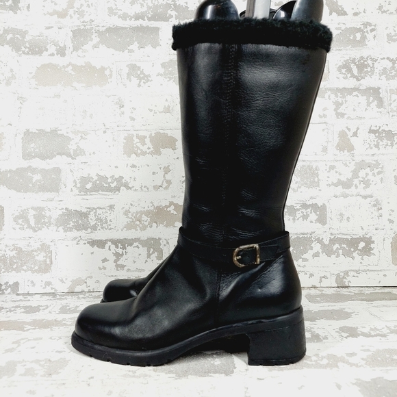 Boutique Black Leather Fur Trim Buckle Ankle Strap Block Heel Winter Boots D357 - Picture 1 of 13